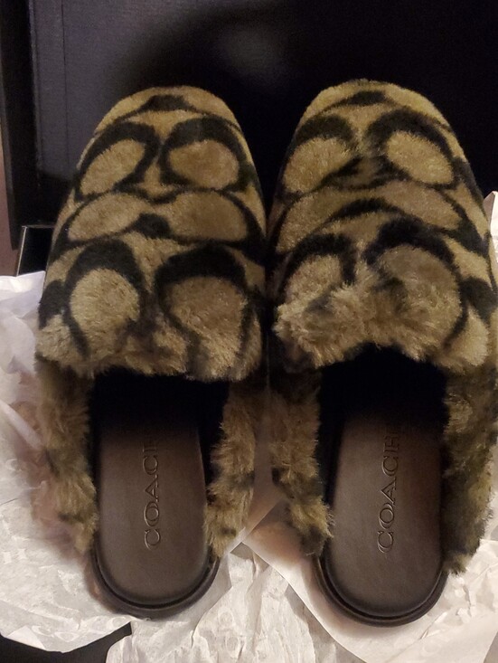 Coach Shoes - Coach Plush Signature Sherling Slippers in Olive and Black